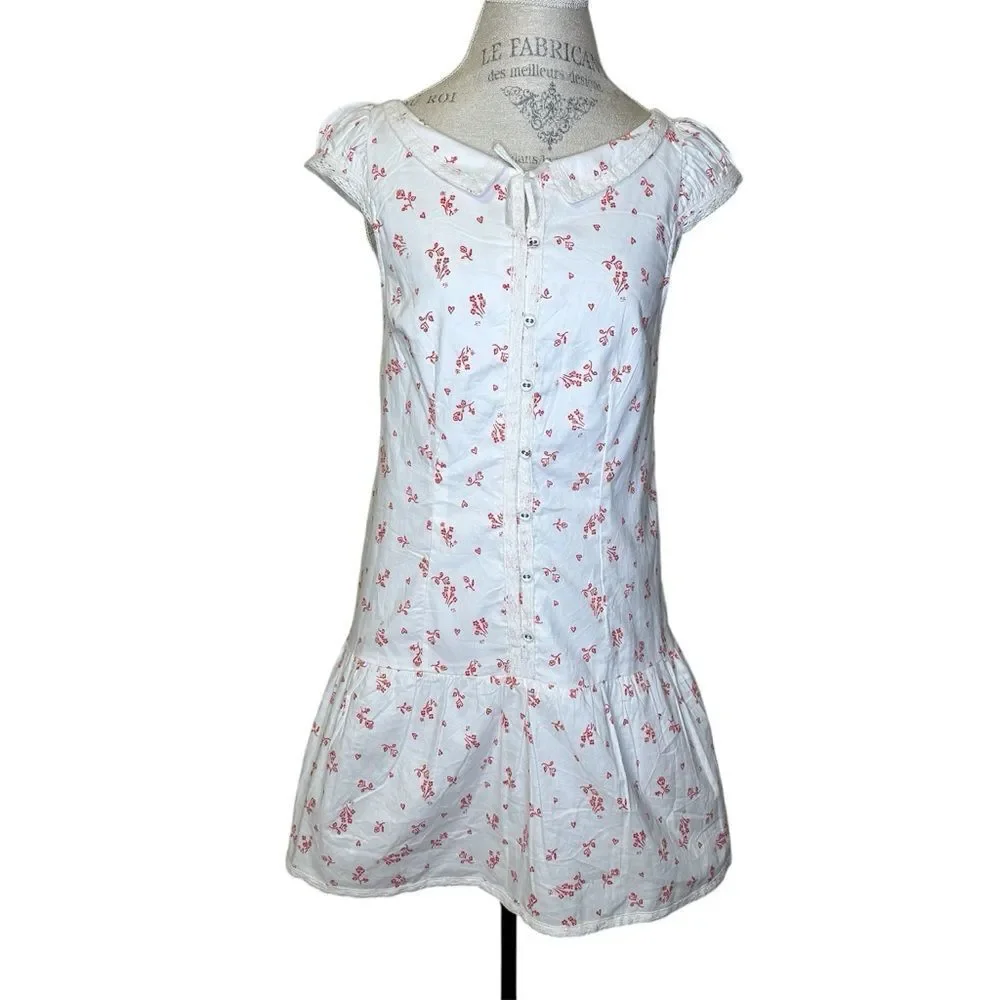 Free People Beasley Mini Dress Floral White Red Dress Peter Pan Collar Small